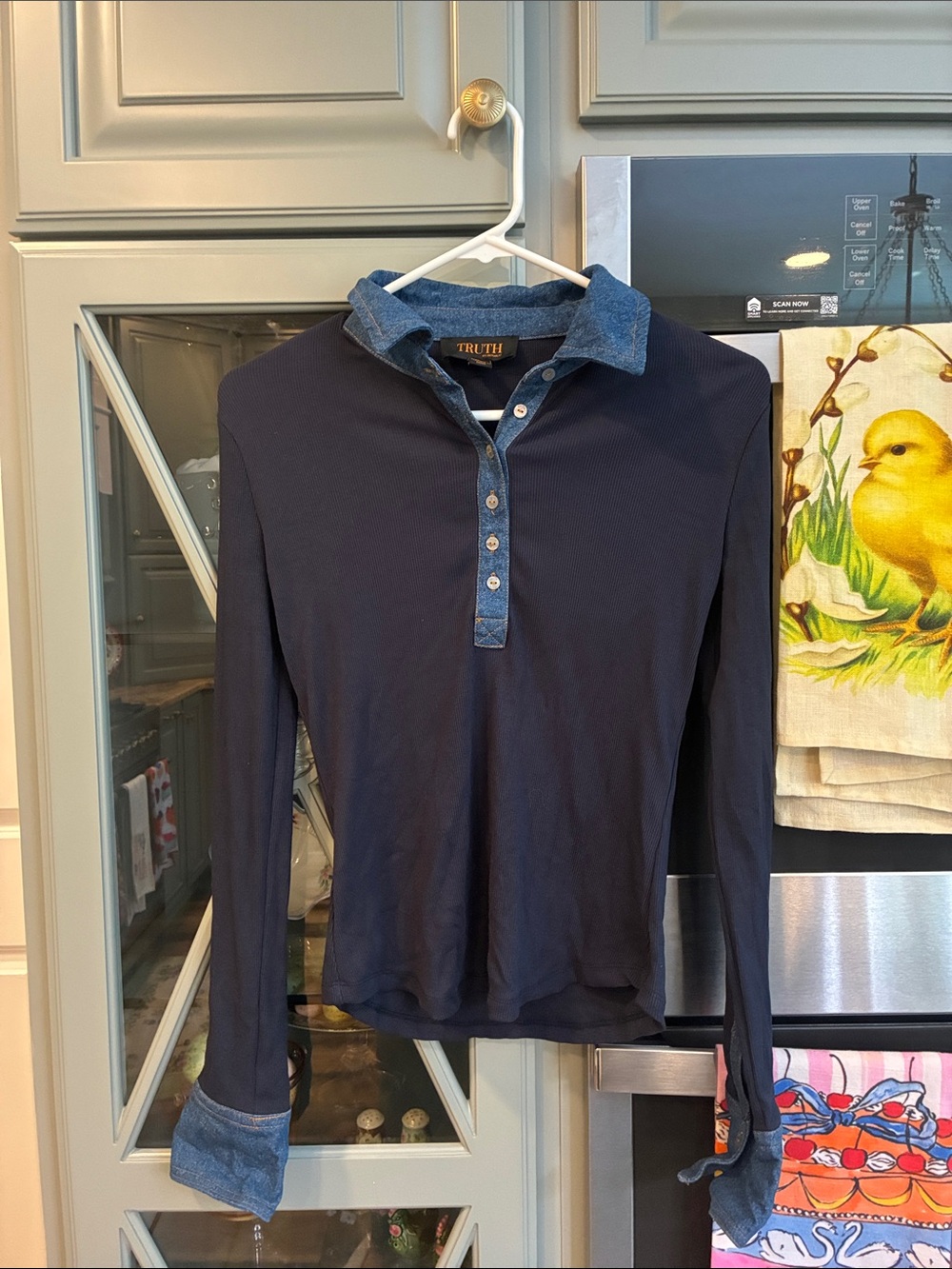 Truth Navy Long-Sleeve Polo with Denim Trim Fall Office ribbed small